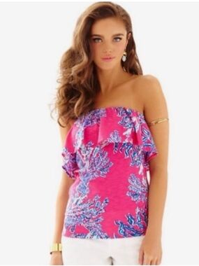 Lilly Pulitzer Wiley Hot Pink Strapless Ruffle Coral Print Tube Top